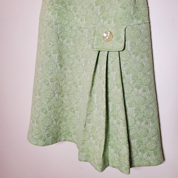 Mossy Mod Light Green Brocade Short-Sleeve Mini Dress with Pleats & Pocket - Picture 2 of 14